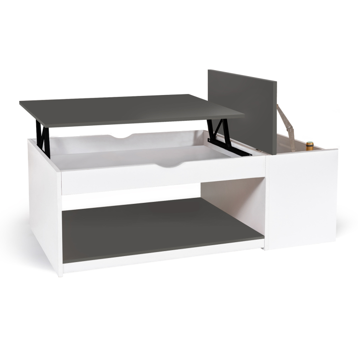 Table basse plateau relevable ELEA avec coffre bois blanc et gris