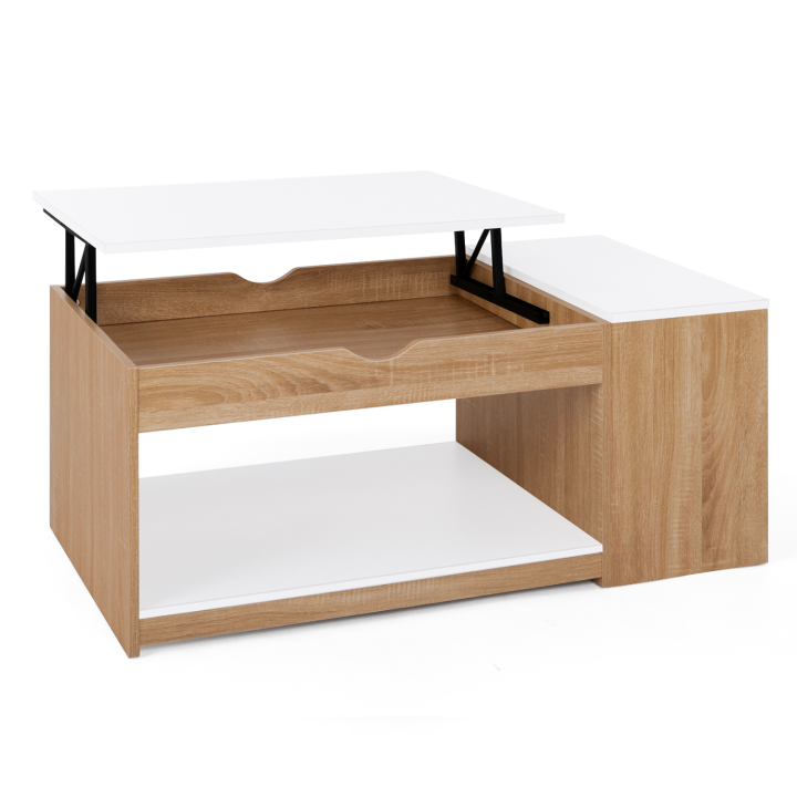 Table basse plateau relevable ELEA avec coffre bois façon hêtre et blanc