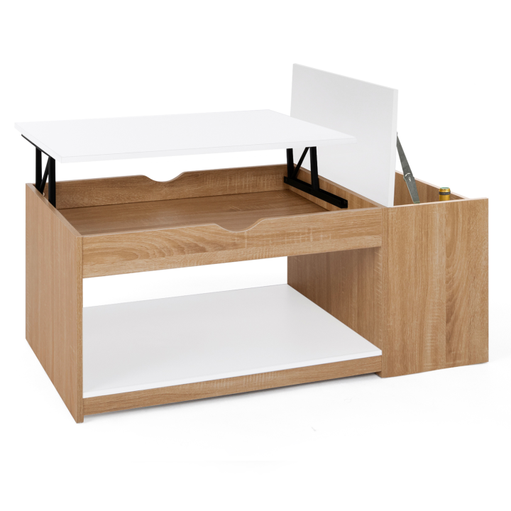 Table basse plateau relevable ELEA avec coffre bois façon hêtre et blanc