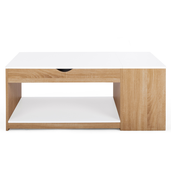 Table basse plateau relevable ELEA avec coffre bois façon hêtre et blanc