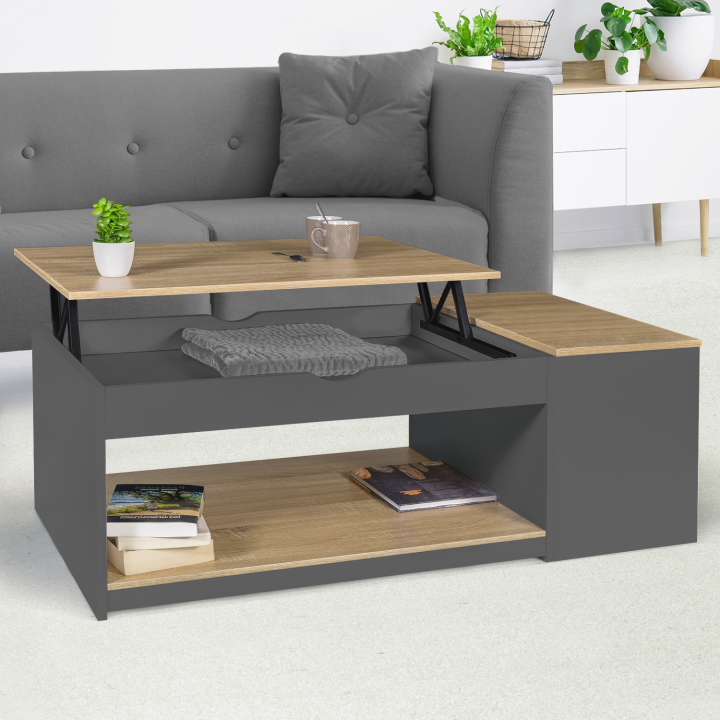 Mesa de centro con tablero elevable y caja de madera gris y acabado haya - ELEA | ID Market