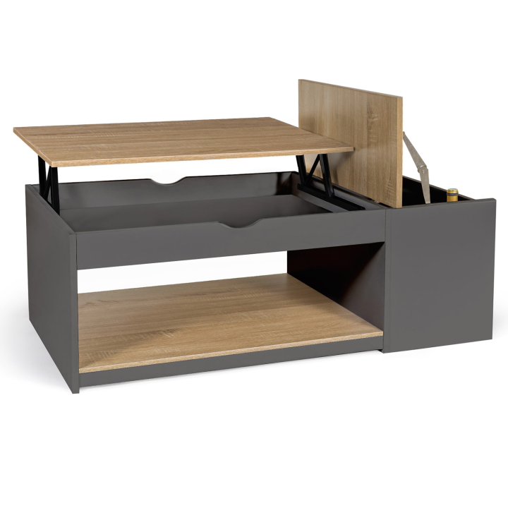 Table basse plateau relevable ELEA avec coffre bois gris et façon hêtre