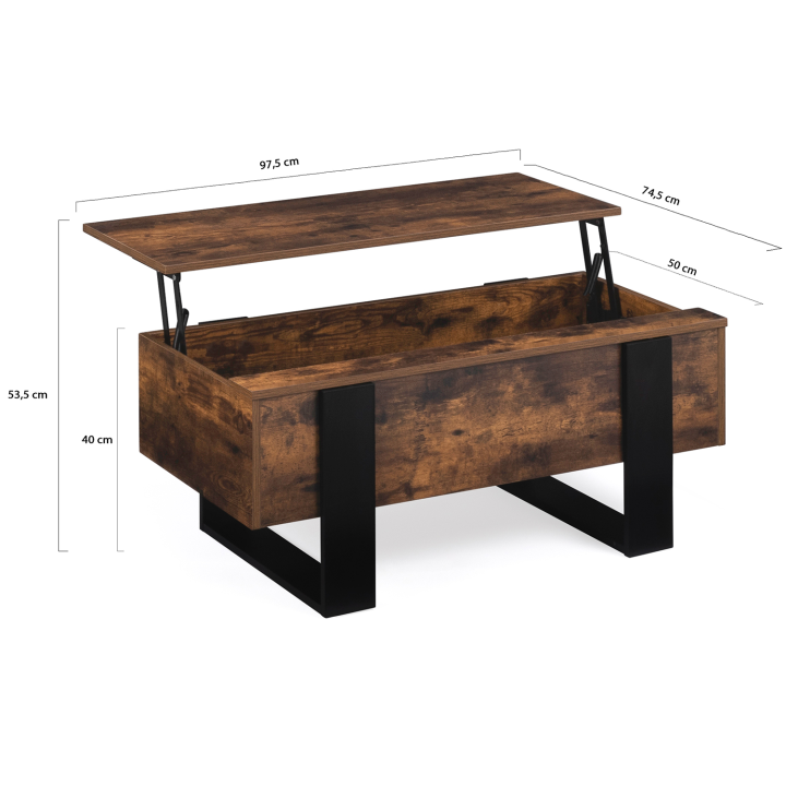 Table basse plateau relevable PHOENIX bois effet vieilli et noir