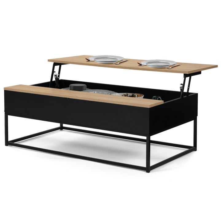 Table basse noire plateau relevable façon hêtre BOSTON design industriel