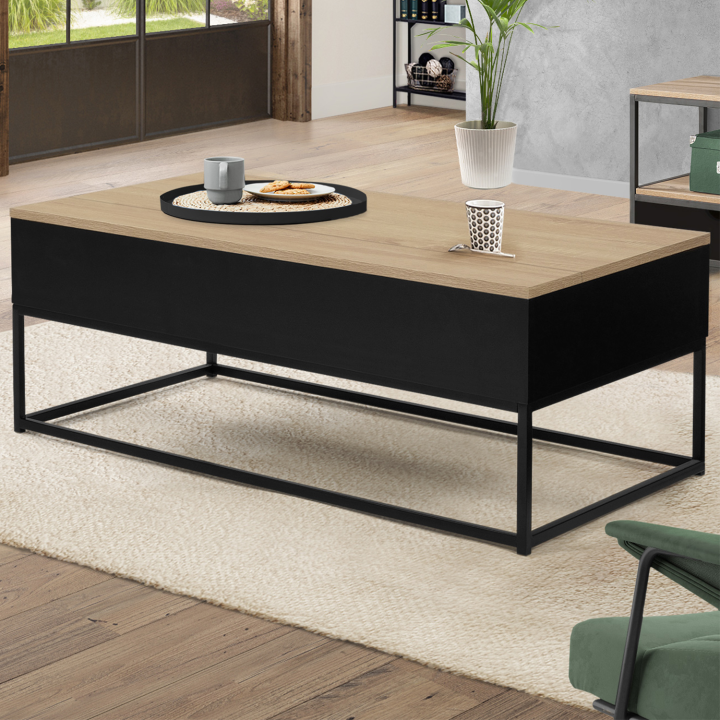 Table basse noire plateau relevable façon hêtre BOSTON design industriel