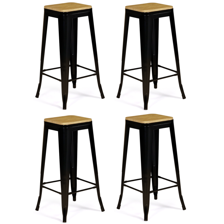 Lot de 4 tabourets de bar LENY métal noir mat assise bois empilable aspect brut factory