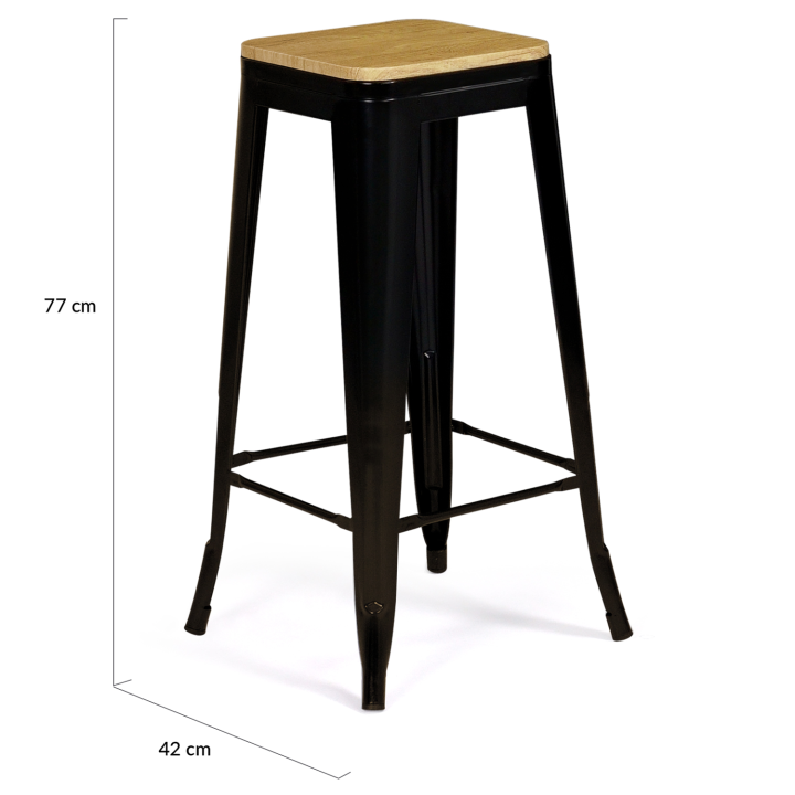 Lot de 4 tabourets de bar LENY métal noir mat assise bois empilable aspect brut factory