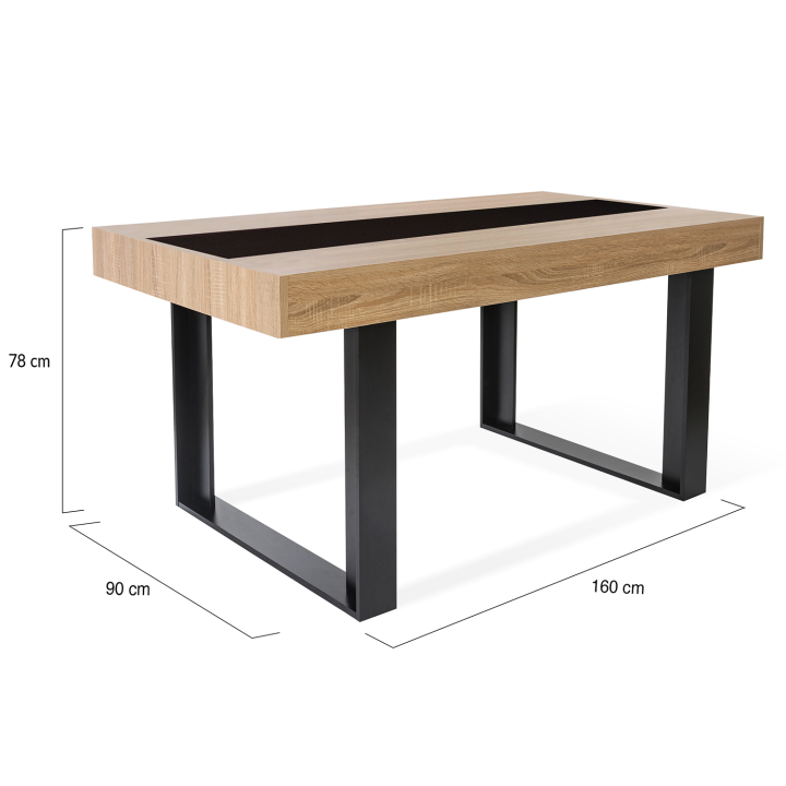 Table à manger rectangle PHOENIX 6 personnes bois et noir bande centrale noire 160 cm