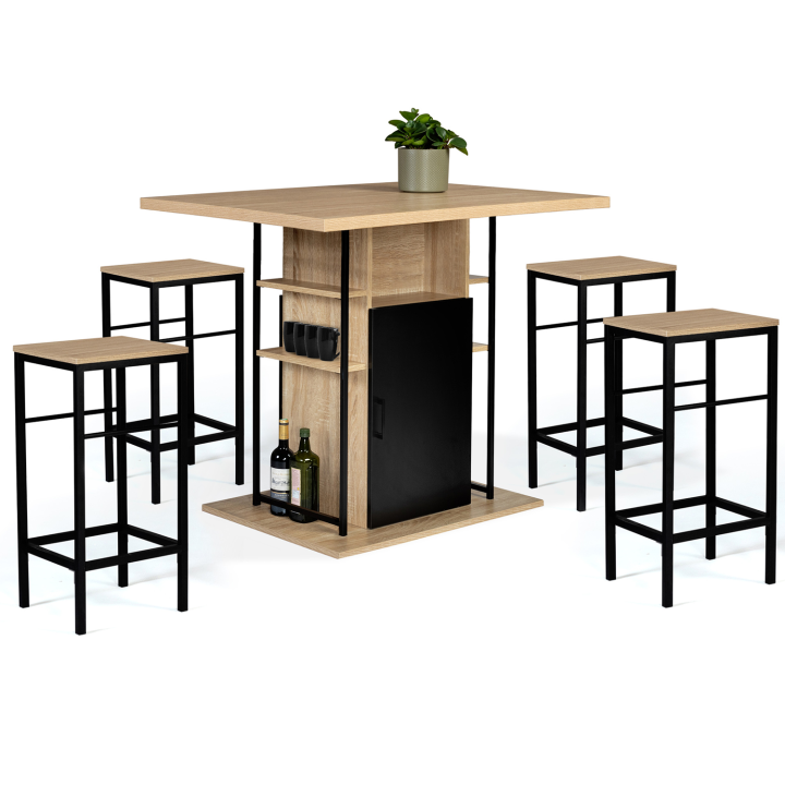 Ensemble ilot central UGO 110 cm bois noir et imitation hêtre avec rangements et 4 tabourets de bar DETROIT design industriel