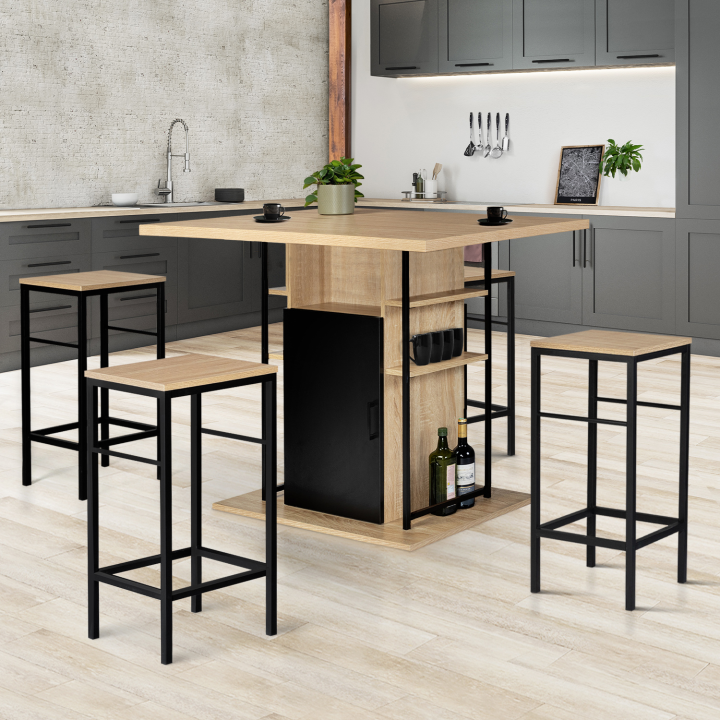 Ensemble ilot central UGO 110 cm bois noir et imitation hêtre avec rangements et 4 tabourets de bar DETROIT design industriel