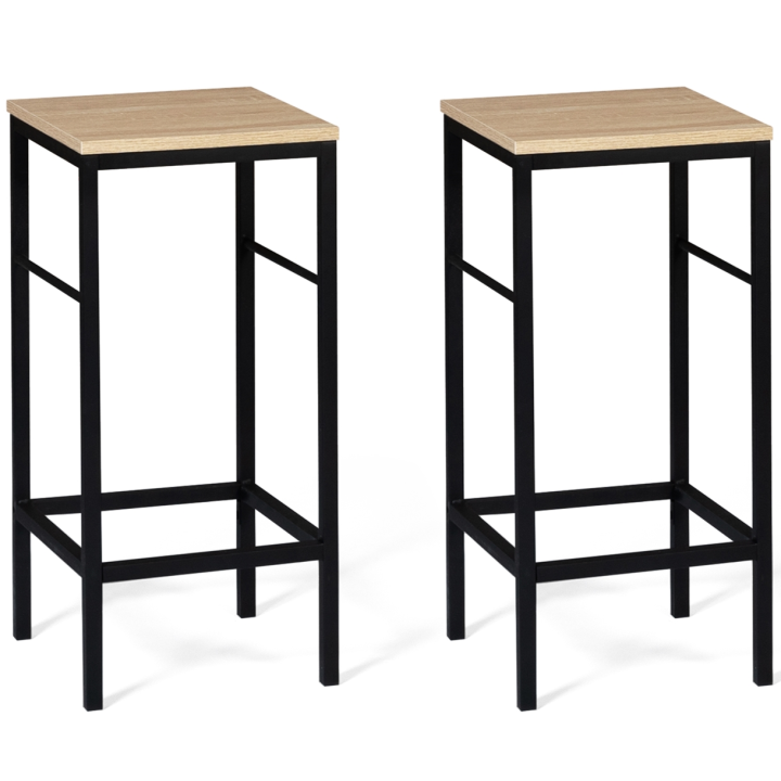 Ensemble ilot central UGO 110 cm bois noir et imitation hêtre avec rangements et 4 tabourets de bar DETROIT design industriel