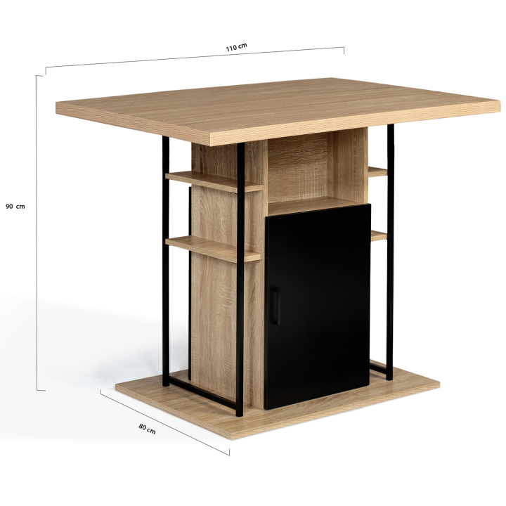 Conjunto de isla central de 110 cm de madera negra e imitación haya y 4 taburetes de diseño industrial