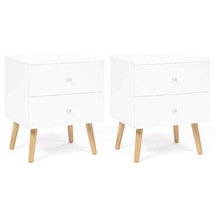 Lot de 2 tables de chevet EMMIE 2 tiroirs scandinaves bois et blanc