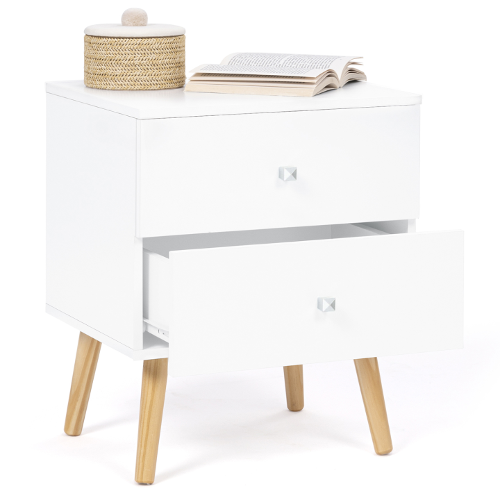 Lot de 2 tables de chevet EMMIE 2 tiroirs scandinaves bois et blanc