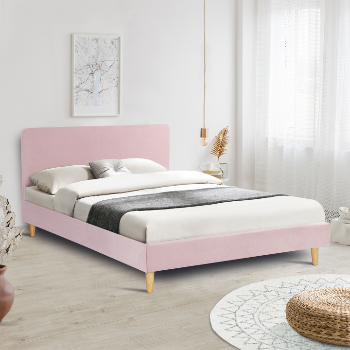 Cama escandinava rosa 140x190 cm efecto terciopelo - BALTA | ID Market