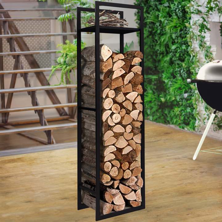 Range bûches vertical acier noir avec étagère H.170 CM pour cheminée