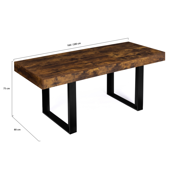 Table à manger extensible rectangle PHOENIX 6-10 personnes bois effet vieilli et noir 160-200 cm