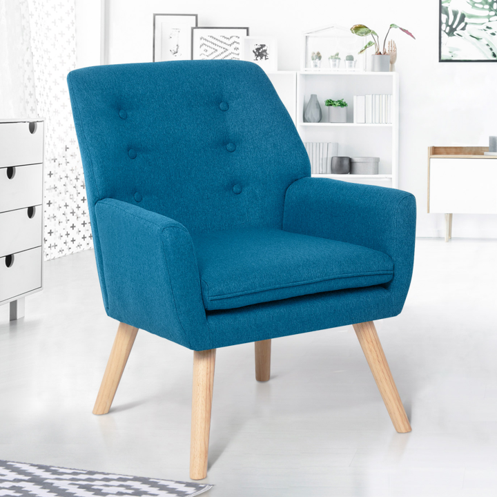 Fauteuil scandinave NAT en tissu bleu canard