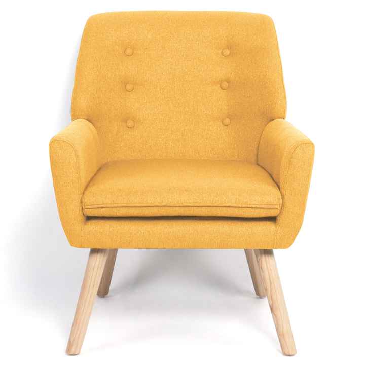 Fauteuil scandinave NAT en tissu jaune moutarde