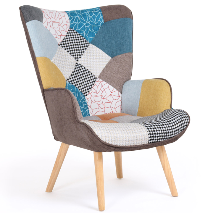 Fauteuil scandinave IVAR en tissu patchwork multicouleurs