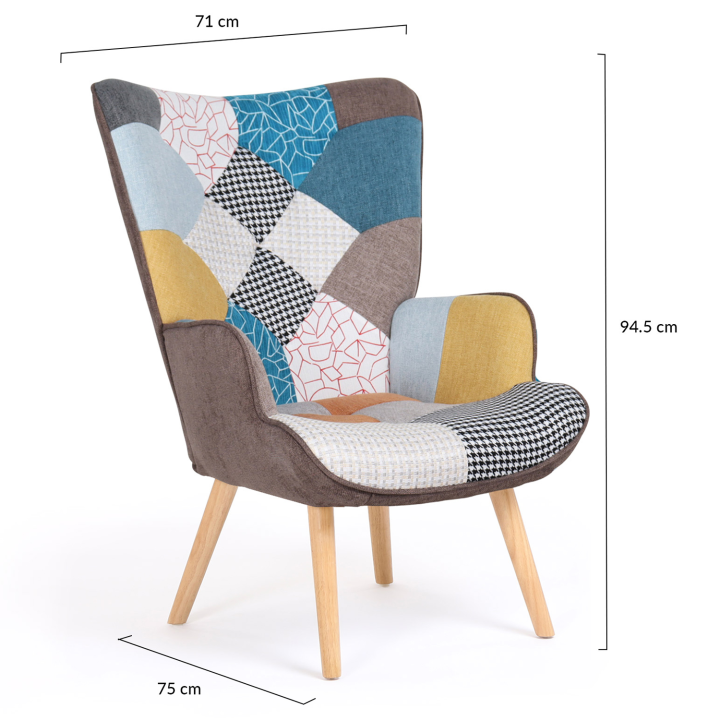 Fauteuil scandinave IVAR en tissu patchwork multicouleurs