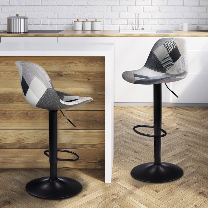 Lot de 2 tabourets de bar KARL design patchworks noirs, gris et blancs pied noir