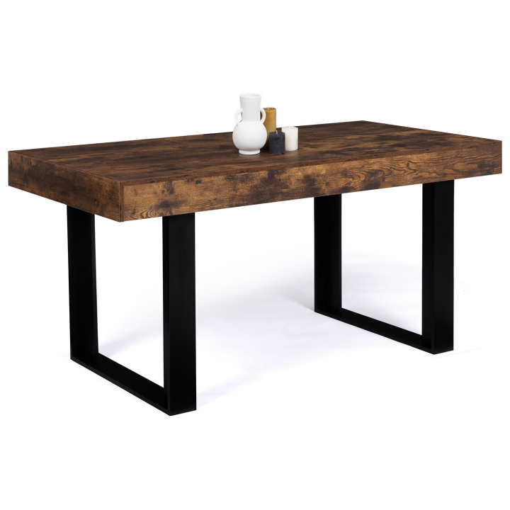 Table à manger rectangle PHOENIX 6 personnes bois effet vieilli et noir 160 cm