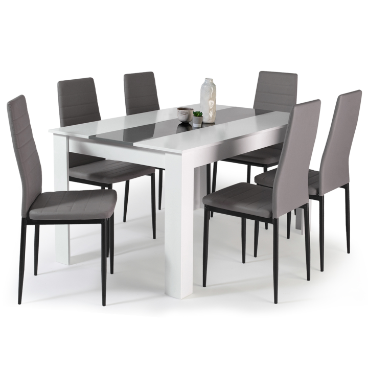 Conjunto de mesa de comedor GEORGIA 140 cm blanca y gris y 6 sillas ROMANE grises