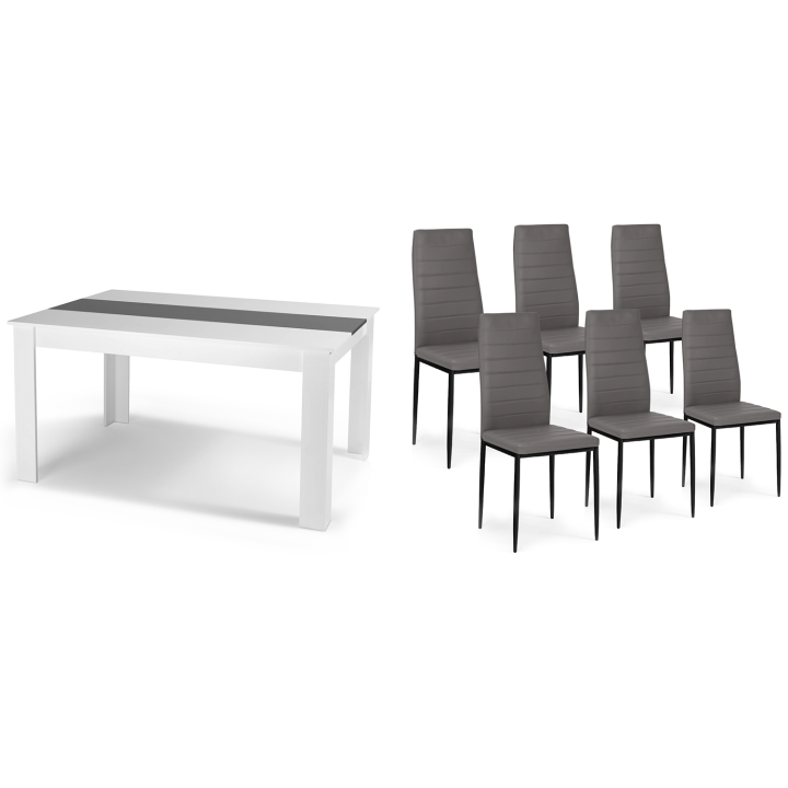 Conjunto de mesa de comedor GEORGIA 140 cm blanca y gris y 6 sillas ROMANE grises