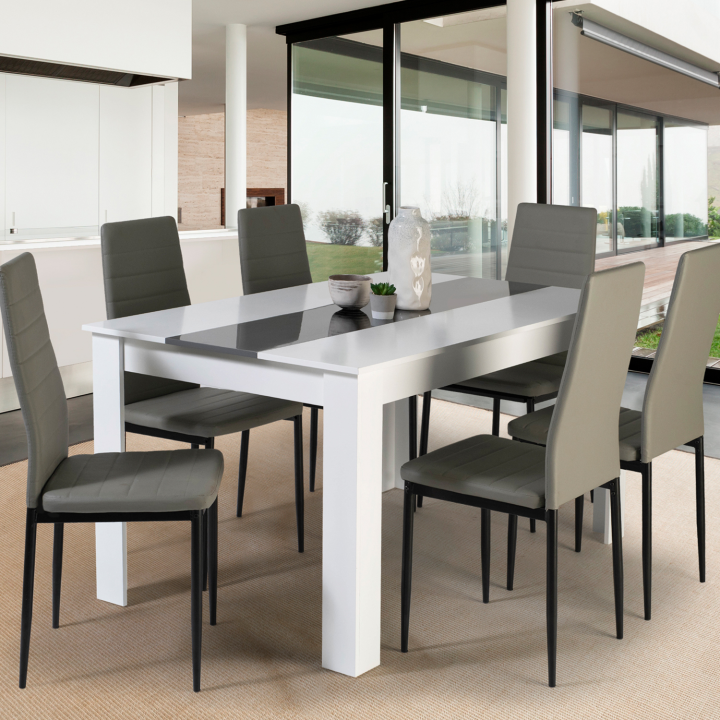 Conjunto de mesa de comedor GEORGIA 140 cm blanca y gris y 6 sillas ROMANE grises