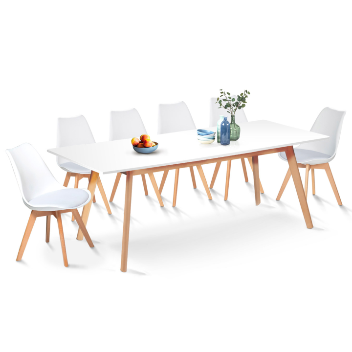 Mesa de comedor extensible INGA 160-200 cm y 6 sillas SARA blancas, diseño escandinavo