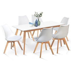 Mesa de comedor extensible INGA 160-200 cm y 6 sillas SARA blancas, diseño escandinavo