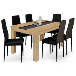 Conjunto de mesa de comedor GEORGIA 140 cm imitación haya y negro y 6 sillas ROMANE negras