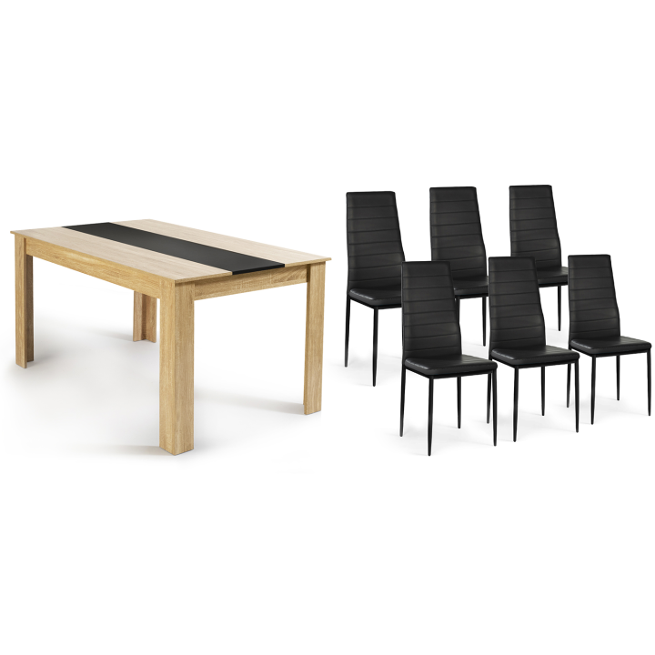 Conjunto de mesa de comedor GEORGIA 140 cm imitación haya y negro y 6 sillas ROMANE negras