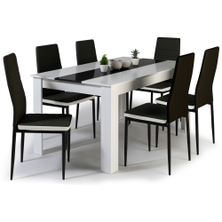 GEORGIA Mesa de comedor blanca y negra de 140 cm y 6 sillas ROMANE negras con ribete blanco