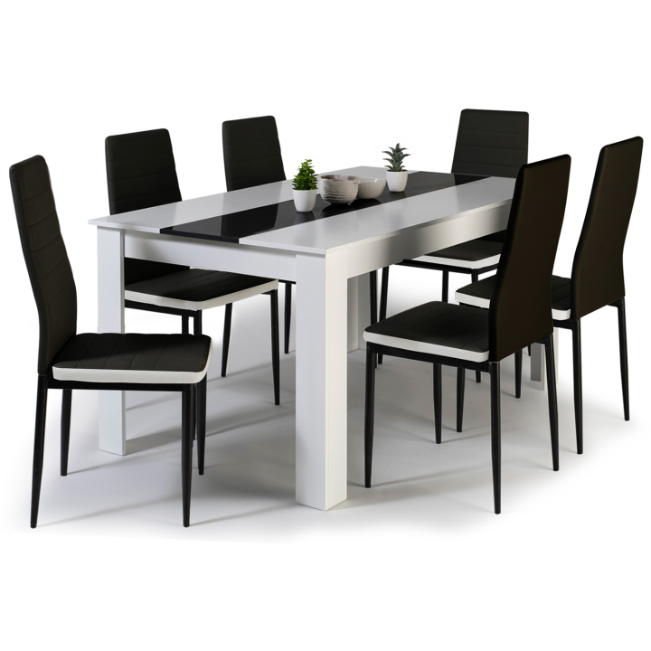 GEORGIA Mesa de comedor blanca y negra de 140 cm y 6 sillas ROMANE negras con ribete blanco