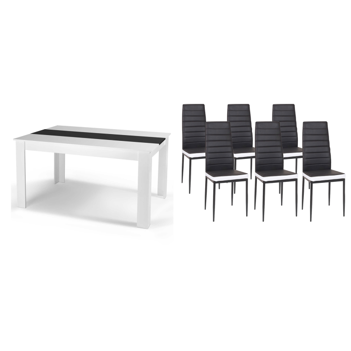 Ensemble table à manger GEORGIA 140 cm blanche et noire et 6 chaises ROMANE noires liseré blanc