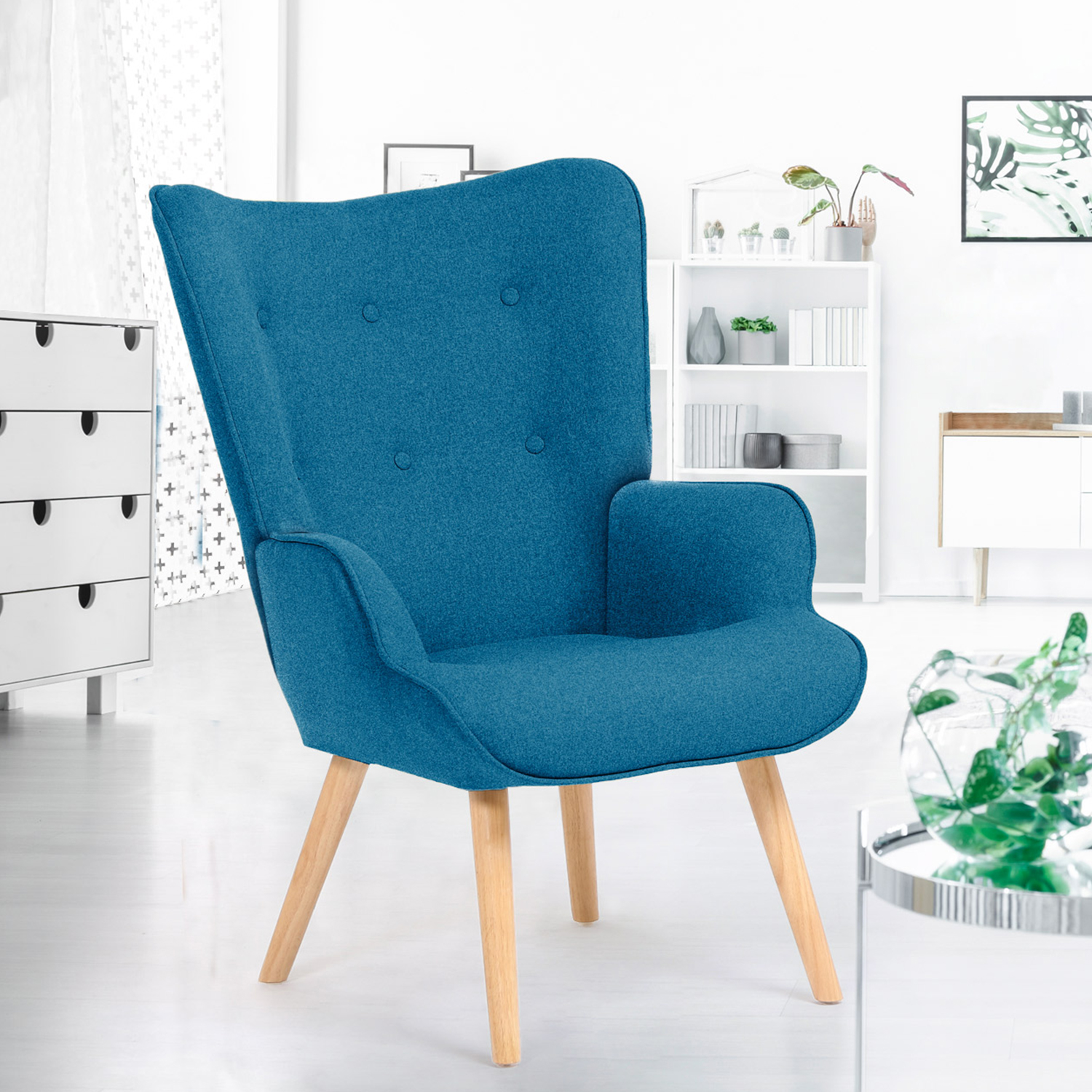Fauteuil Scandinave design tissu bleu clair pour salon
