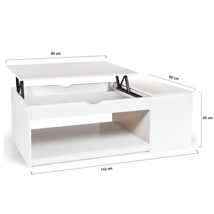 Table basse plateau relevable ELEA avec coffre bois blanc