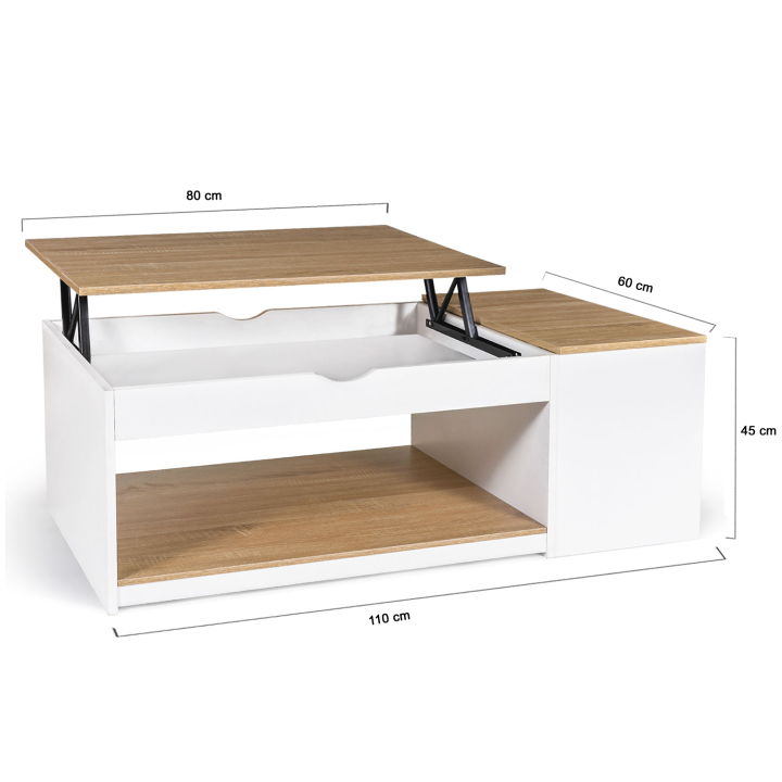 Table basse plateau relevable ELEA avec coffre bois blanc et façon hêtre