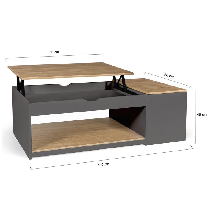 Mesa de centro con tablero elevable y caja de madera gris y acabado haya - ELEA | ID Market