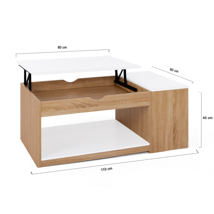 Table basse plateau relevable ELEA avec coffre bois façon hêtre et blanc