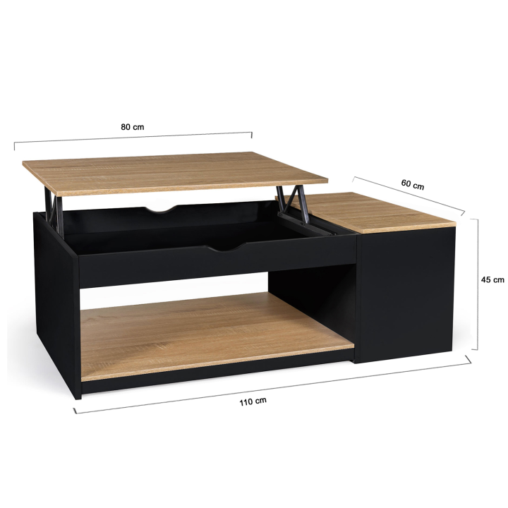 Table basse plateau relevable ELEA avec coffre bois noir et façon hêtre