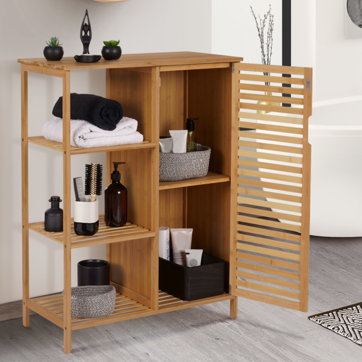 Meuble de rangement bambou BEA salle de bain 3 étagères avec placard