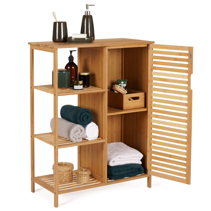 Meuble de rangement bambou BEA salle de bain 3 étagères avec placard