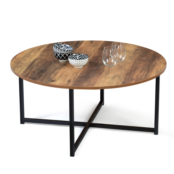 Table basse ronde HAWKINS 80 cm effet vieilli design industriel