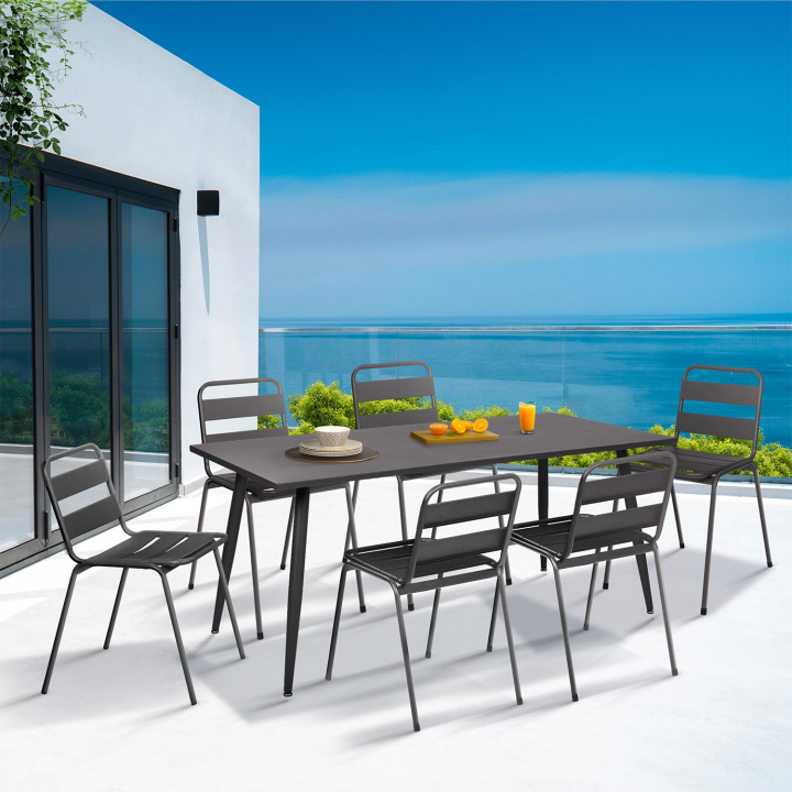 Salon de jardin en acier table 180 CM et 6 chaises gris anthracite