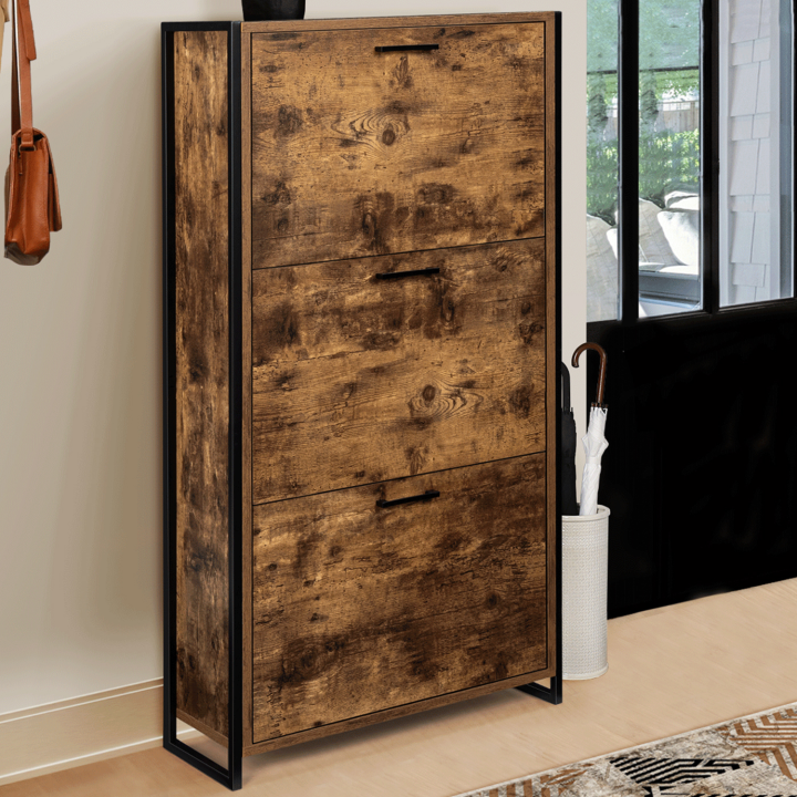 Mueble zapatero industrial de 3 puertas en madera envejecida - DAYTON | ID Market