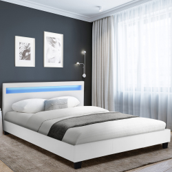 Lit double NEO 140 x 190 CM PVC blanc avec sommier et LED intégrées