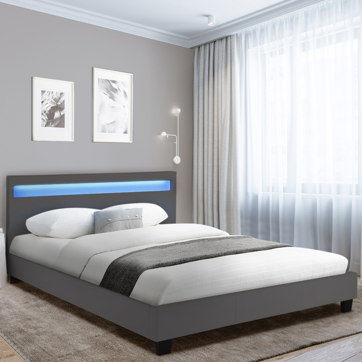 Lit double NEO 140 x 190 CM PVC gris avec sommier et LED intégrées